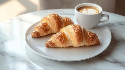 A modern breakfast scene displaying two croissants and a cup of coffee on a white plate, set on a marble table, conveying a sense of luxury and simplicity.