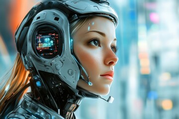 Poster - Imaginative ai collage picture of future robot girl with stock images