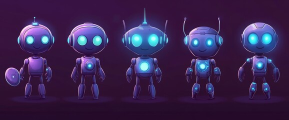 Poster - Robot mascots isolated on a white background. Cartoon illustration of cute black bot characters with emotions on LED screen, antenna on head, AI technology, chat app, smart chat.