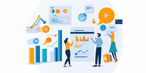 Fototapete - A vibrant digital workspace showcasing data analytics, interactive graphs, and team collaboration in a modern business setting.