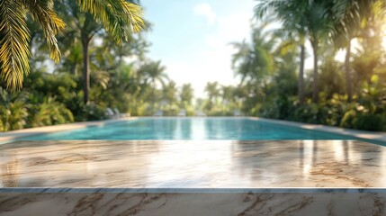 Wall Mural - Empty marble table in front with blurred background of swimming pool