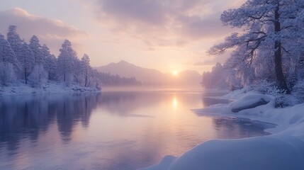 Wall Mural - Frozen lakes in winter, where the ice glows under the soft light of day, create a stunning and tranquil landscape, perfect for winter photography. 4K hyperrealistic.