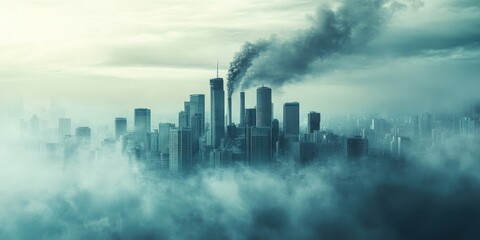 Aerial view of a city skyline shrouded in fog with visible smoke rising from skyscrapers, illustrating urban pollution and atmosphere.