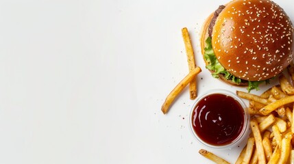 Top View of a Hamburger with French Fries and Ketchup on a White Background, hamburger, french fries, ketchup