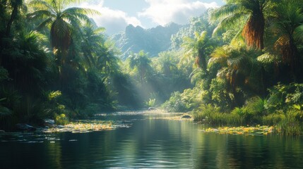 Lush tropical landscape with a serene river and vibrant vegetation.