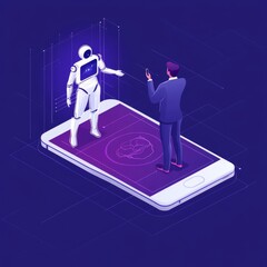 Poster - Businessman talking with AI robot in smartphone isometric view