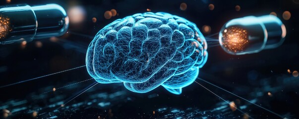 Poster - Glowing blue brain surrounded by futuristic pills symbolizing the intersection of technology and neuroscience
