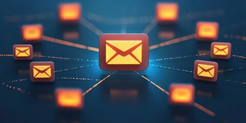 Illustration of email networking concept with glowing email icons connected by lines, symbolizing communication and connectivity.