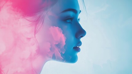 Wall Mural - Pink And Blue Double Color Exposure Photo Effect Mockup