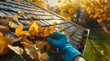 Wall Mural - A person cleaning the leaves from their roof's eaves, wearing blue gloves, downspout