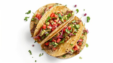 Top View of Two Tacos with Meat, Tomatoes, Onions, Cilantro and Guacamole, Taco, Mexican Food, Street Food