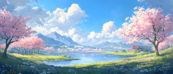 Beautiful spring scenery, with a blue sky and white clouds. In the distance, a lake. On both sides, pink peach trees full of flowers. Beneath them, a green grassland