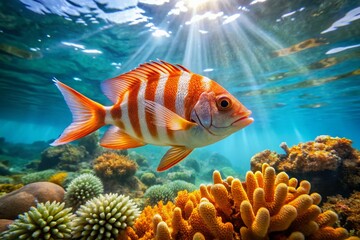 Wall Mural - Vibrant orange and white striped fish swims in crystal clear turquoise water, its scales glistening in sunlight,