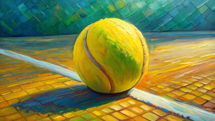 Tennis ball on the court with a line, conceptual abstract oil painting and palette knife on canvas.