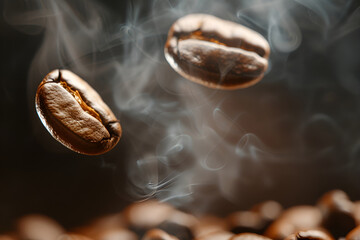 Wall Mural - Roasted coffee beans floating in mid-air with swirling aromatic steam in a macro view