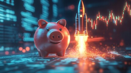 Piggy bank and rocket launch, stock market graphs and money falling