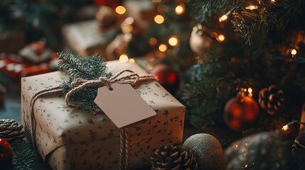 Canvas Print - Christmas mockup of a blank gift tag on a wrapped present under a decorated Christmas tree, with twinkling lights and holiday decorations. 4K hyperrealistic photo.