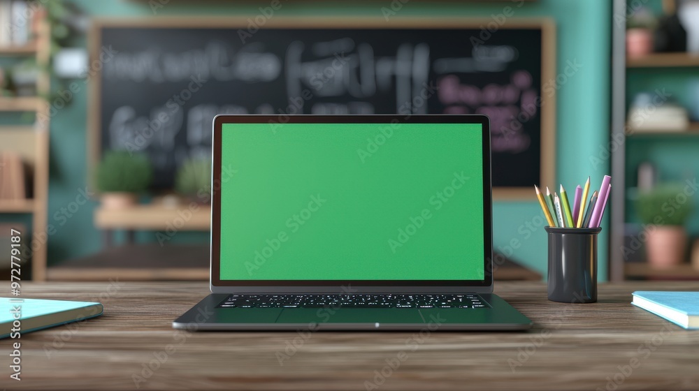 School Computer Greenscreen Laptop with green screen on a classroom desk Stock Photo | Adobe Stock