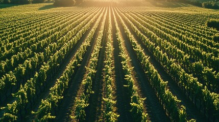 Canvas Print - Aerial view of a picturesque vineyard, with rows of grapevines stretching out in perfectly straight lines, bathed in soft, early morning light. 4K hyperrealistic photo.