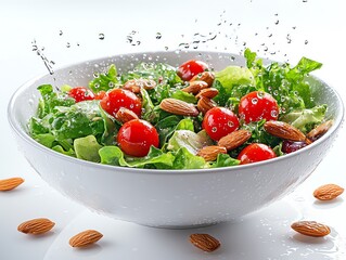 Wall Mural - Fresh salad with cherry tomatoes and almonds in a white bowl with water splashing.