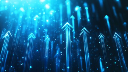 Poster - Abstract background with blue glowing arrows pointing upwards, representing growth and progress in technology or digital marketing