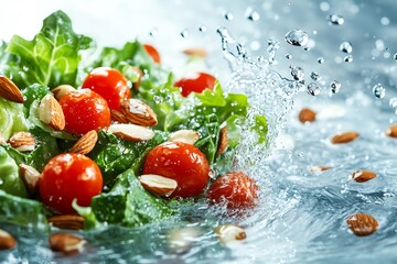 Fresh salad with cherry tomatoes and almonds in water splash.