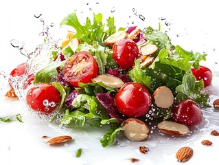 Wall Mural - Fresh salad with cherry tomatoes and almonds in water splash on white background.