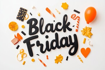 Colorful Black Friday decorations with festive accessories and patterns on a light background