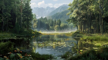 Poster - Tranquil Forest Lake with Mountain View - Nature Photography