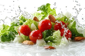 Wall Mural - Fresh salad with cherry tomatoes and almonds splashed with water.