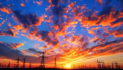 Wall Mural - Stunning sunset panorama featuring vibrant colors and industrial power lines silhouetted against a dramatic sky