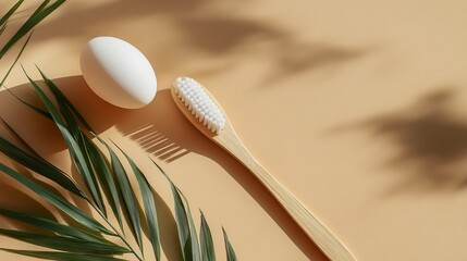 Organic wooden bamboo toothbrush and white egg composition on terracotta and beige background. Natural beauty and health concept.