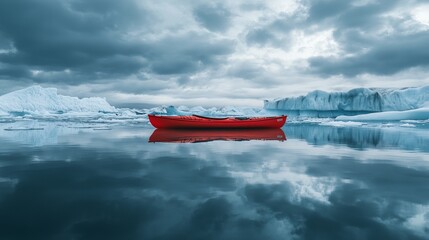 Wall Mural - A vivid red kayak moves through tranquil icy waters under a cloudy sky, navigating among arctic ice formations and capturing the serene beauty of the environment.