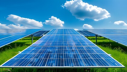 Wall Mural - Vibrant solar panel array glistening on lush green grass beneath a pristine blue sky, highlighting the future of renewable energy and sustainable living