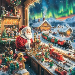 Santa's Workshop at the North Pole: Visualize Santa’s magical workshop, filled with bustling elves building toys and wrapping gifts.