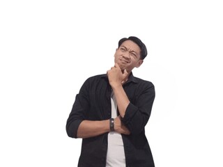 Portrait of an Indonesian Asian man, wearing a black shirt, posing in thought or confusion, isolated against a white background.