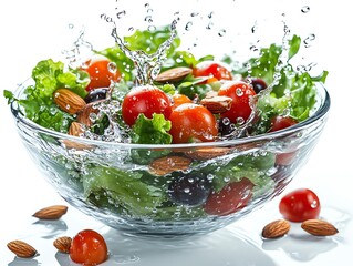 Fresh salad with cherry tomatoes, almonds, and lettuce in a glass bowl with water splashing out.