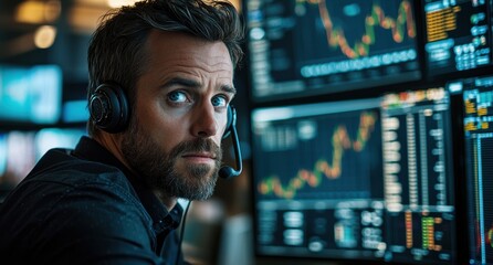 Poster - Professional male stock trader communicating on headset while working with financial data on multiple monitors