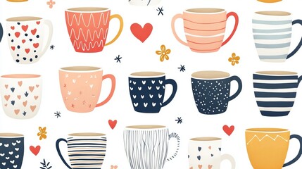 Ceramic coffee cups and tea mugs, kitchen crockery seamless pattern.  background of vintage scandinavian pottery with cozy ornaments, hearts, dots, stripes and flowers.