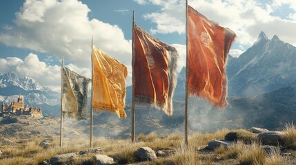 A set of ceremonial flags fluttering in the wind, attached to wooden poles, with a mountain range in the background