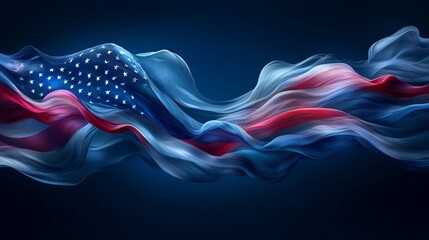 This image showcases the American flag elegantly draped with flowing waves on a deep blue background, capturing a sense of patriotism and pride.