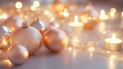 Tree ornaments arranged in a color gradient from soft peach to bright gold, catching the light from nearby candles. 4K hyperrealistic photo.