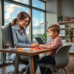 a mother and her young son working together on a laptop at home, focused concentration, warm natural lighting streaming through large windows, contemporary interior design with bookshelves in the back