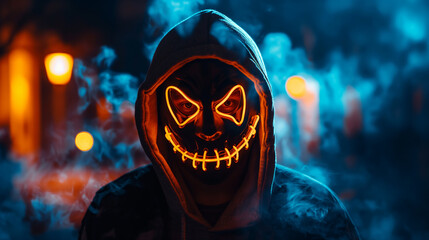 Anonymous figure with neon mask, dark background, Halloween concept.