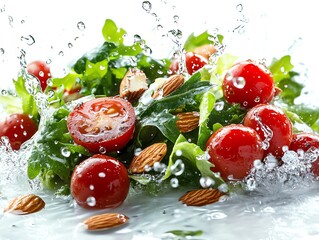 Wall Mural - Fresh salad with cherry tomatoes, almonds, and lettuce with water splash.