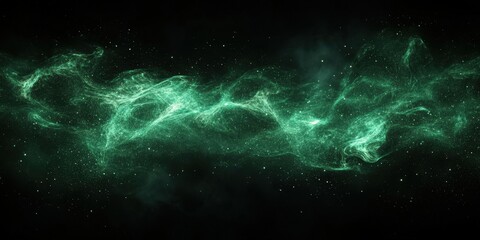 Poster - Abstract glowing green dust particles floating on a dark black background, creating an ethereal and otherworldly scene with swirling cosmic energy, evoking futuristic and sci-fi visual aesthetics
