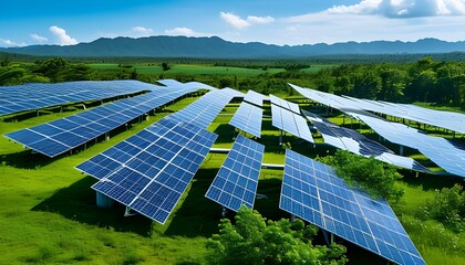 Sustainable solar panels capturing sunlight on a green landscape beneath a bright blue sky