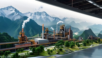 Wall Mural - Harmony of Industry and Nature in an Expansive Industrial Landscape with Factories Set Against Majestic Mountains