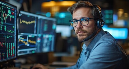 Poster - Male trader wearing a headset in a modern office environment with multiple financial screens displaying stock market data