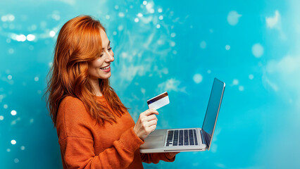 A young red-haired woman smiling as she completes an online purchase with a credit card